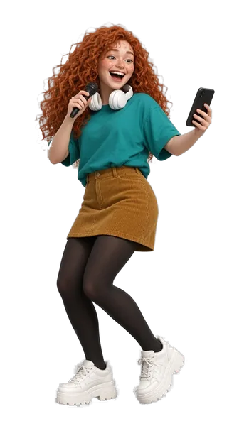 Your Apps, Products and Creators guide, a woman with curly red hair and headphones, dancing with a mic and her phone