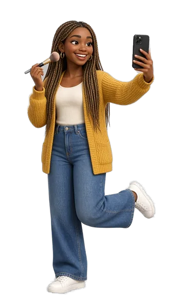 Your Beauty and Wellness guide, a woman with long braids and a mustard cardigan, taking a selfie with a makeup brush in hand