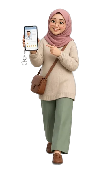 Your Care Providers guide, a woman in a rose pink hijab and round glasses, pointing at a provider profile on her phone