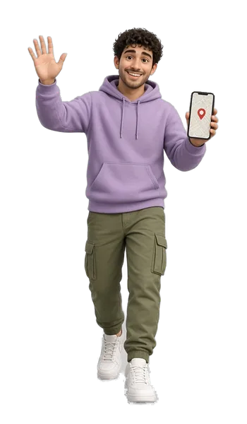 Your Community Resources guide, a man with short dark curls and a lavender hoodie, waving with a map pin on his phone