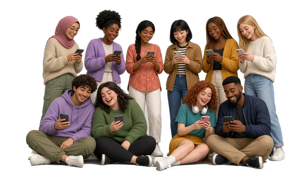 The BumpBuddy crew: ten friendly guides of many backgrounds, six standing and four sitting in front, all smiling at their phones