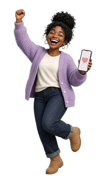 Your Doulas and Feeding Support guide, a woman with a curly high bun and a lavender cardigan, cheering with a heart on her phone