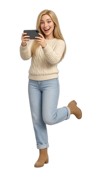Your Family and Lifestyle guide, a woman with long blonde hair and a cream sweater, holding her phone up like a camera