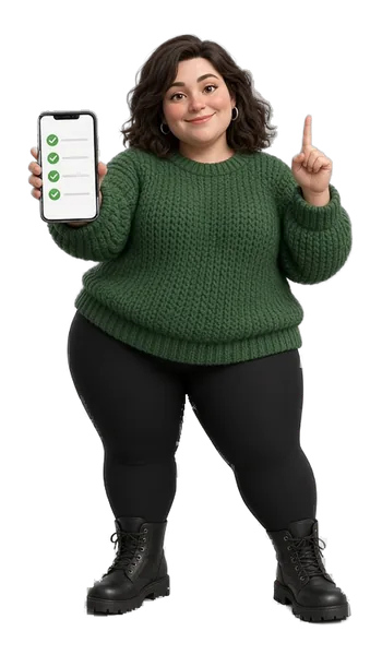 Your Legal and Pharmacy guide, a woman with wavy brown hair and a green sweater, holding up a checklist on her phone