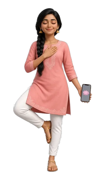 Your Mind and Body guide, a woman with a long side braid and a coral kurta, calm in a tree pose with a lotus on her phone