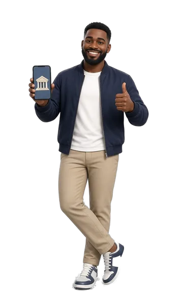 Your Organizations guide, a man with a full beard and a navy bomber jacket, giving a thumbs up with a building icon on his phone