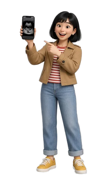 Your Tests and Services guide, a woman with a black bob and a camel jacket, pointing at an ultrasound picture on her phone