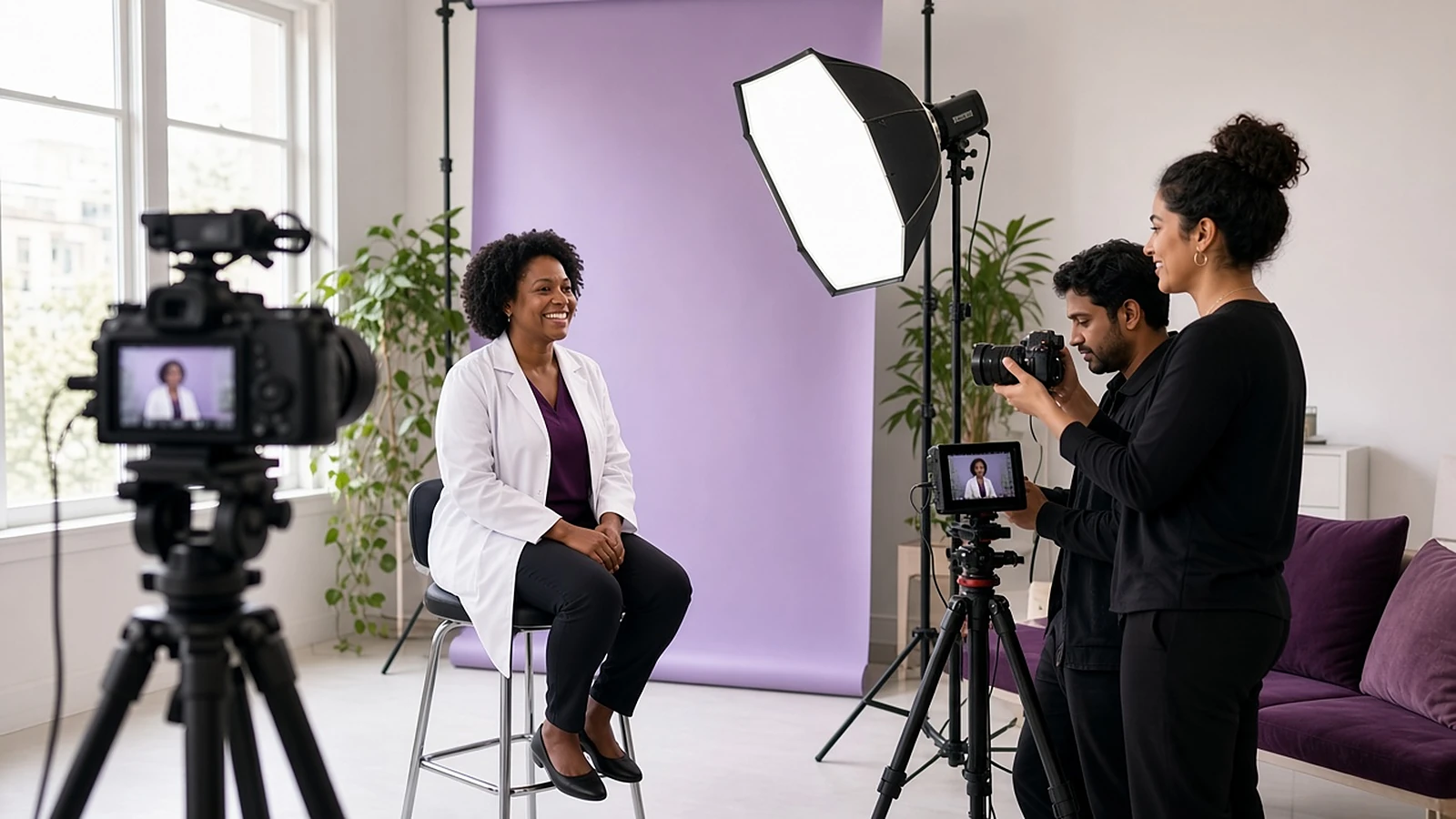 A clinician smiles while our media team films her provider profile video