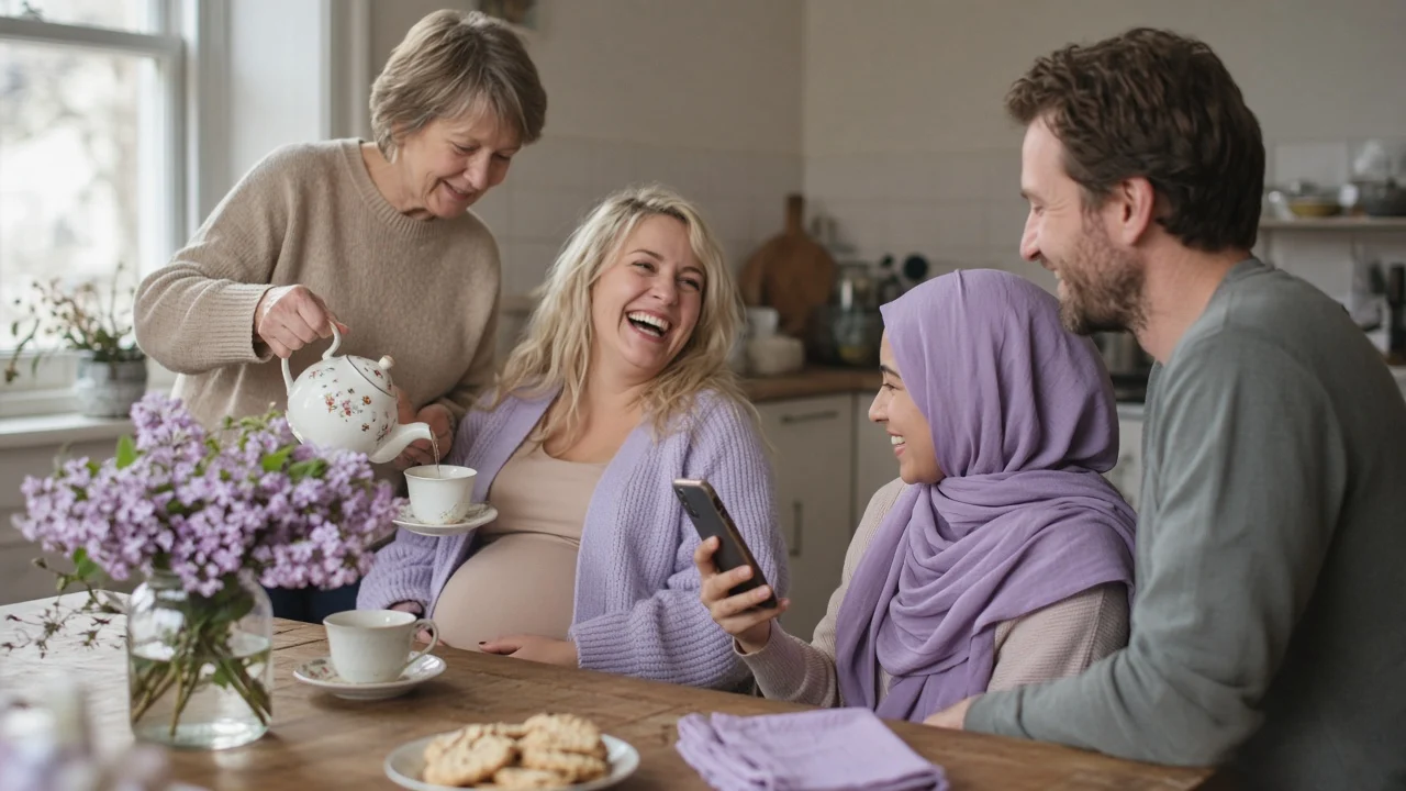 A laughing pregnant woman at the kitchen table with her family