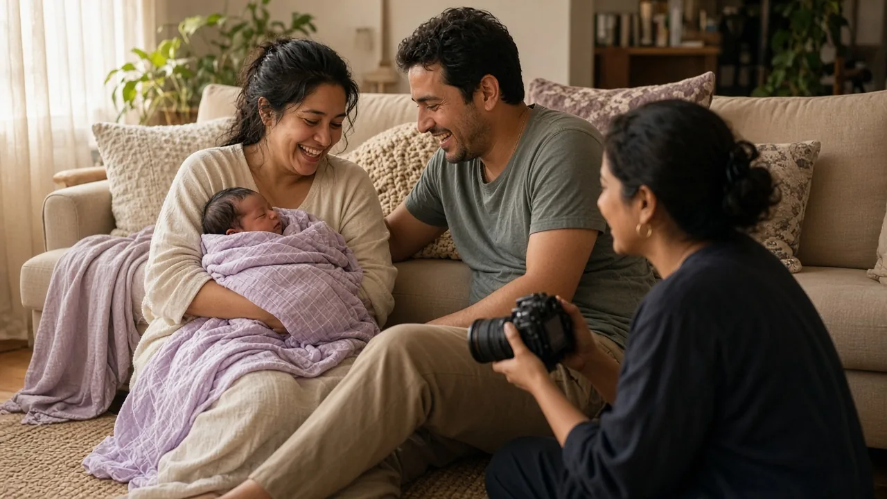 New parents laughing with their newborn at home while a newborn photographer captures the moment