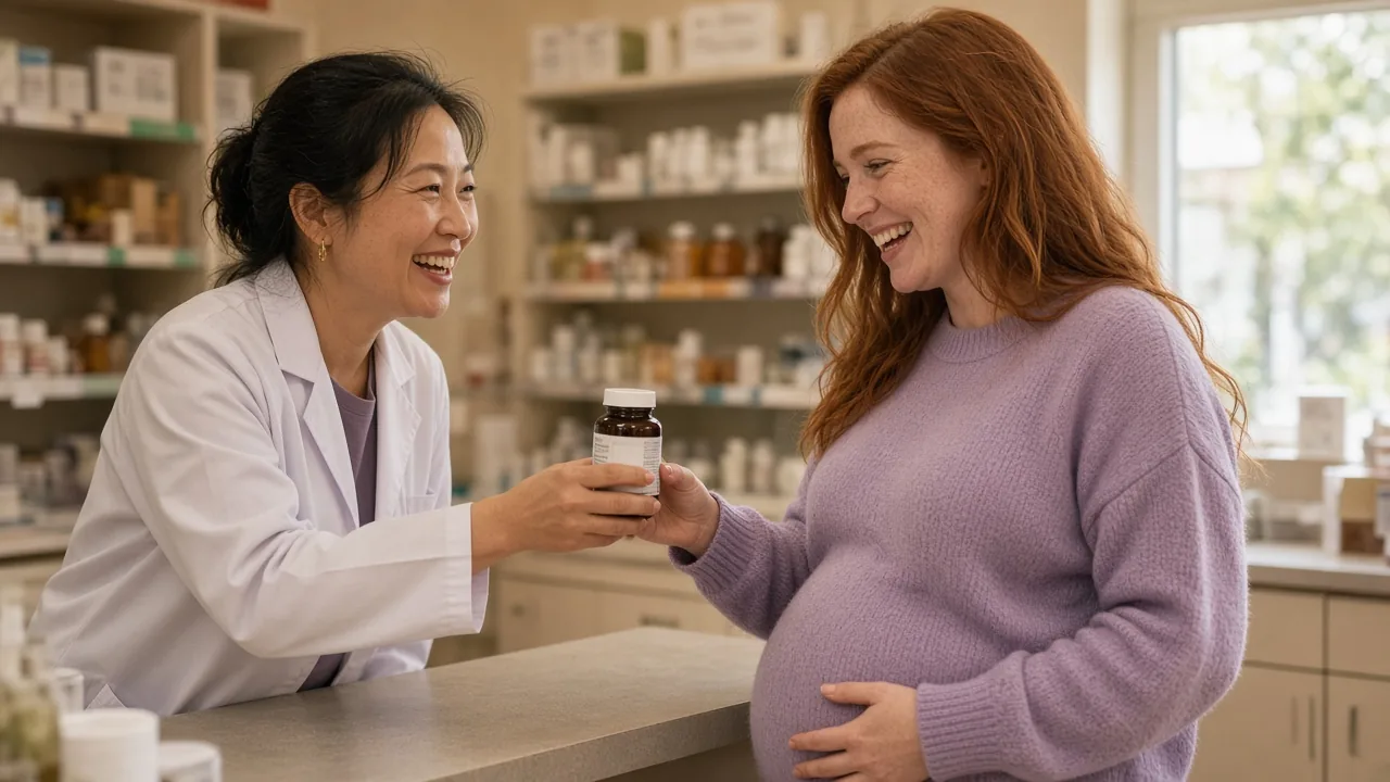 A pharmacist showing a bottle of prenatal vitamins to a laughing pregnant woman at the pharmacy counter