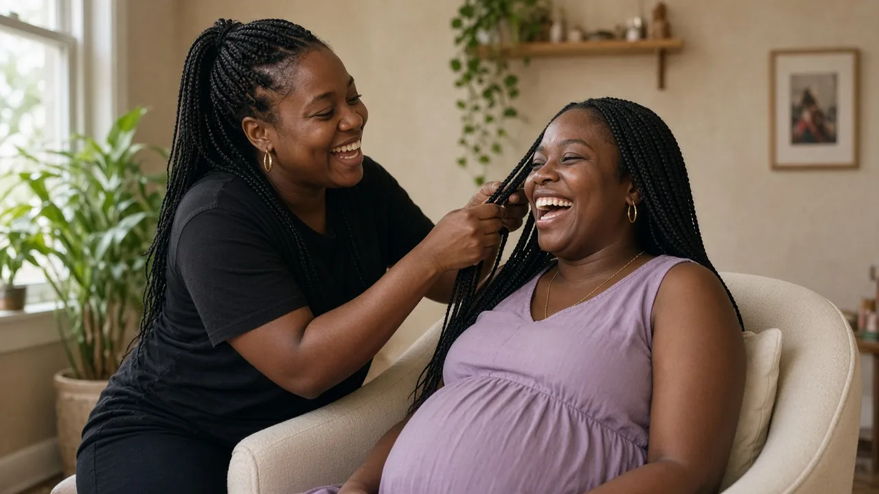 A braider laughing while braiding long box braids for a happy pregnant client