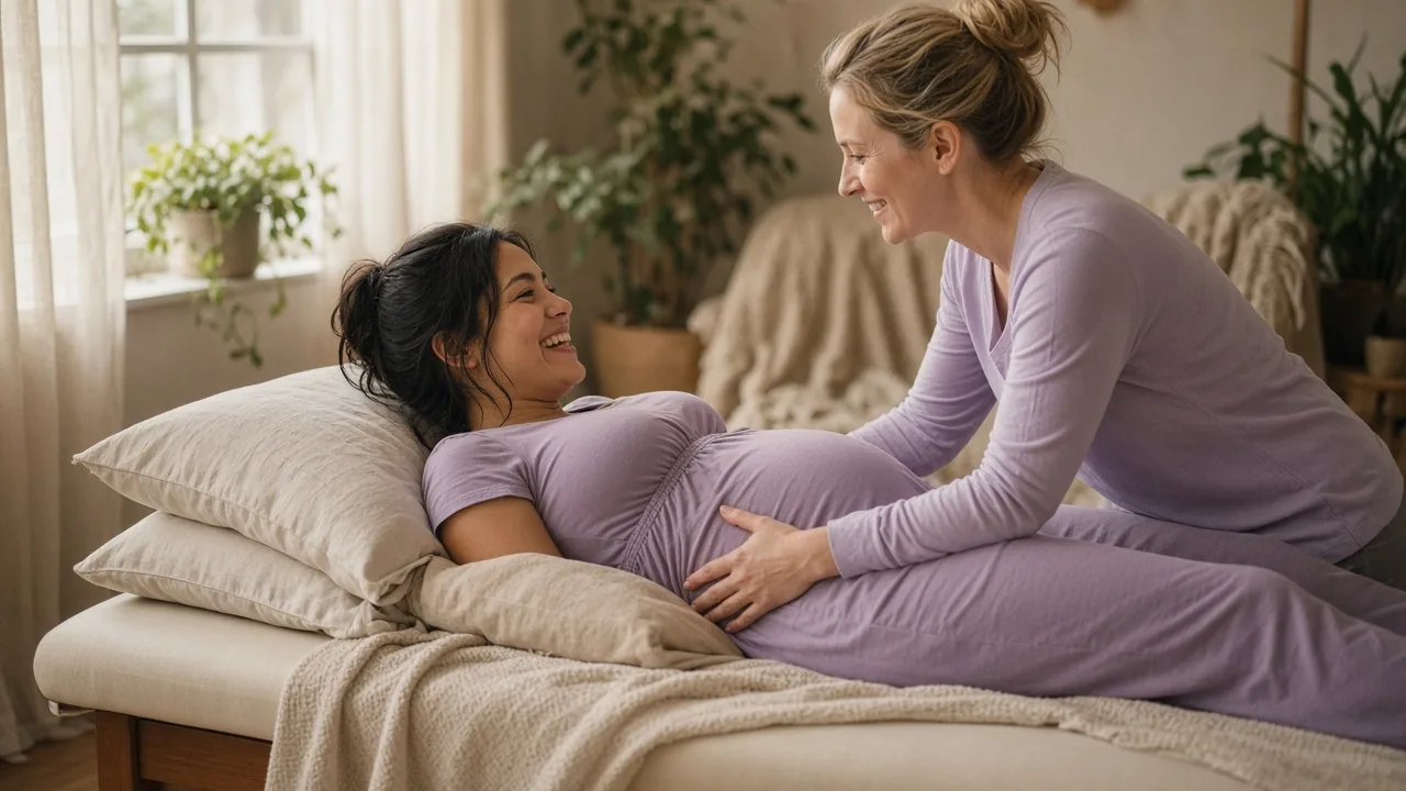 A chiropractor gently supporting a smiling pregnant woman lying on her side on a treatment table