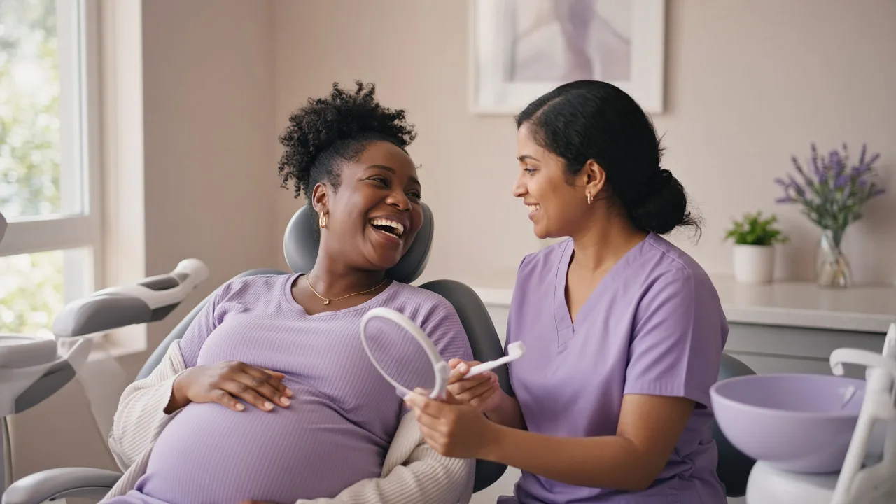 A dentist in lilac scrubs laughing with a pregnant patient in the dental chair