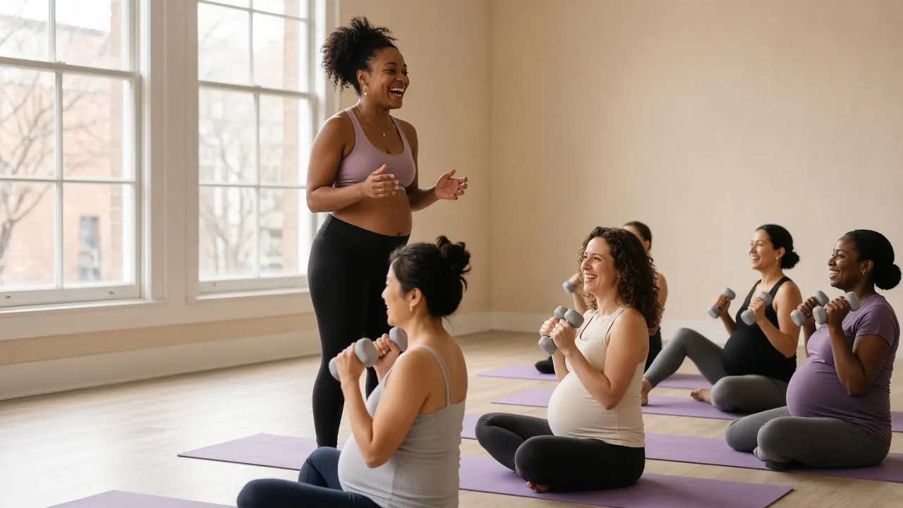 A fitness instructor cheering on a prenatal strength class