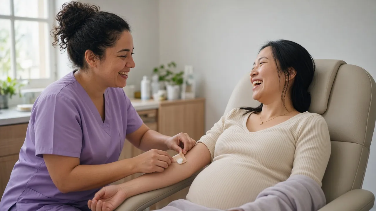 A phlebotomist placing a bandage on a laughing pregnant woman's arm after a blood draw
