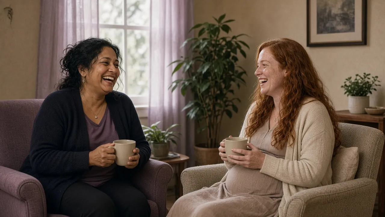 A therapist sharing a warm laugh with a pregnant client over tea
