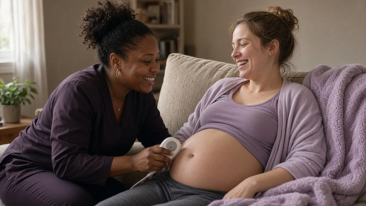 A midwife listening to a laughing pregnant woman's bump with a handheld doppler at a home visit