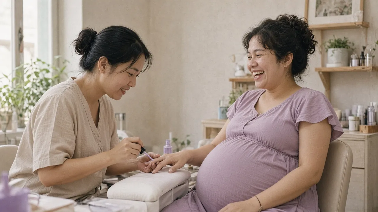 A nail tech painting lilac polish on a laughing pregnant woman's nails