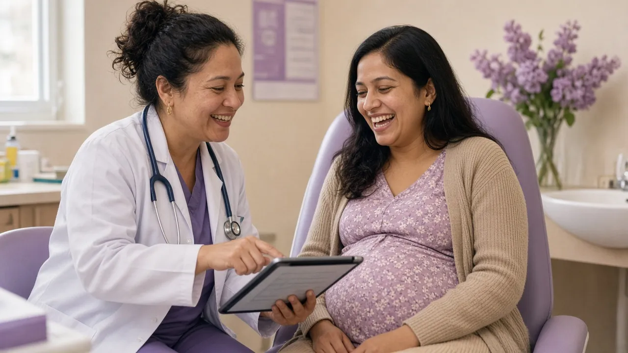 An OB-GYN going over notes on a tablet with a laughing pregnant patient