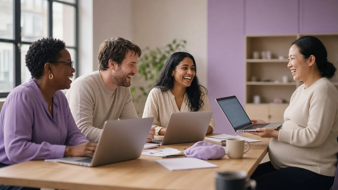 A care coordination team laughing together around a table with laptops
