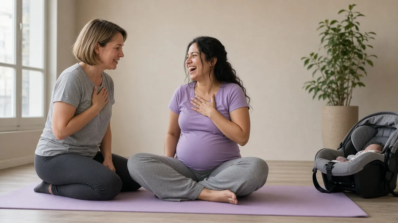 A pelvic floor physical therapist guiding a laughing postpartum mother through a breathing exercise