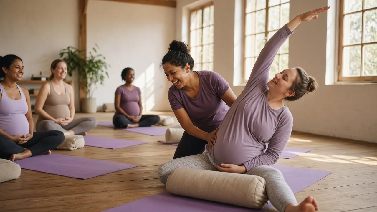 A prenatal yoga teacher laughing as she helps a pregnant student into a supported stretch