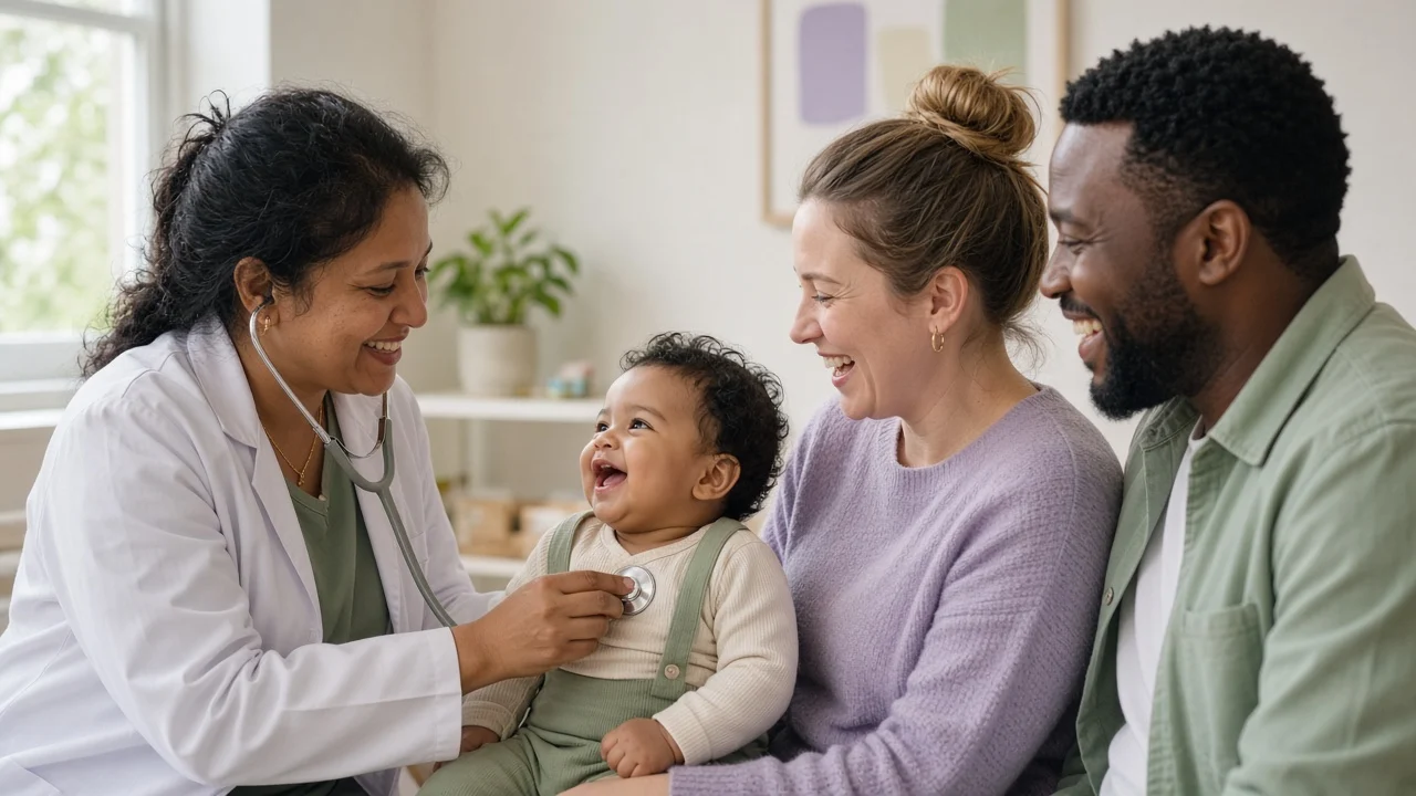 A smiling pediatrician checking a happy toddler with his parents
