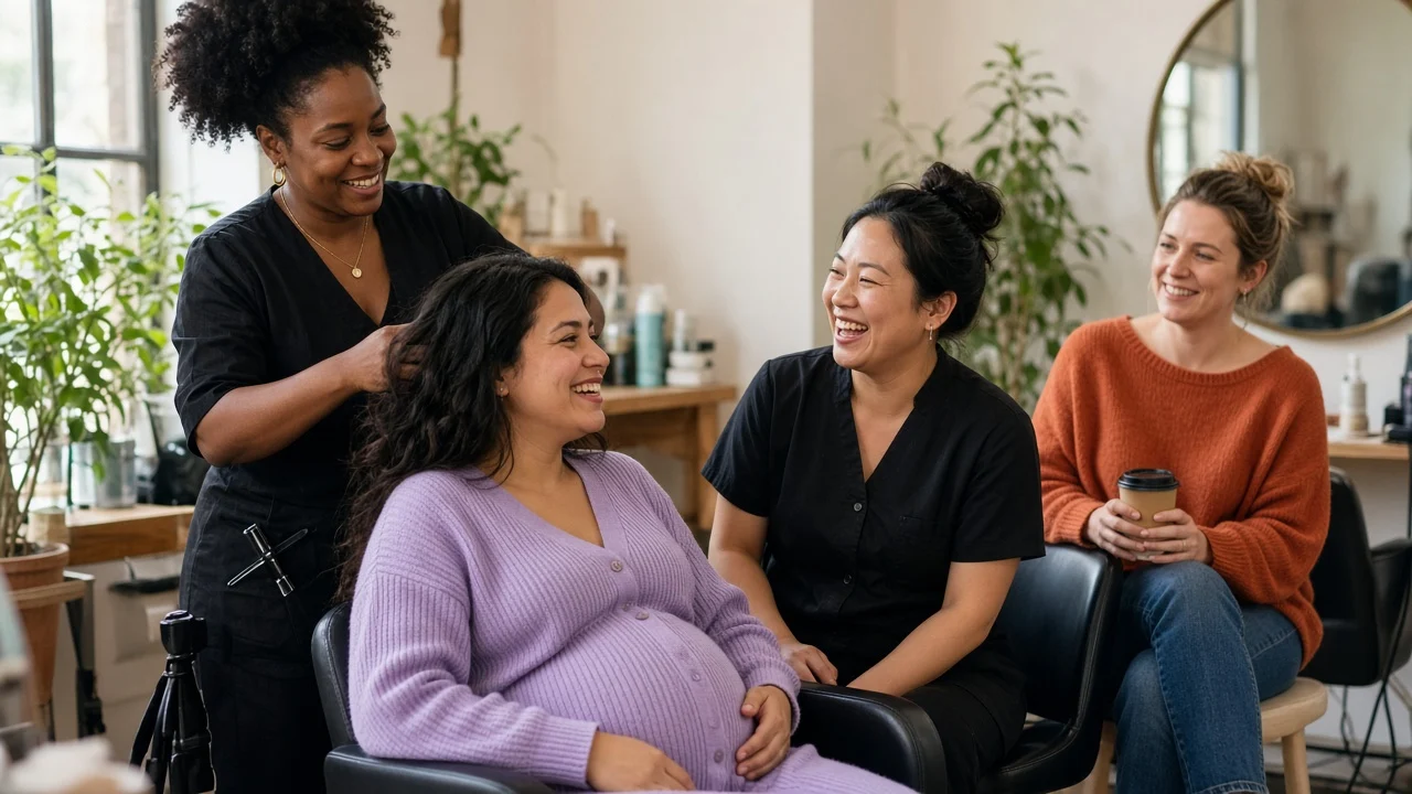 A pregnant woman laughing with her hairstylist and friends in a bright salon