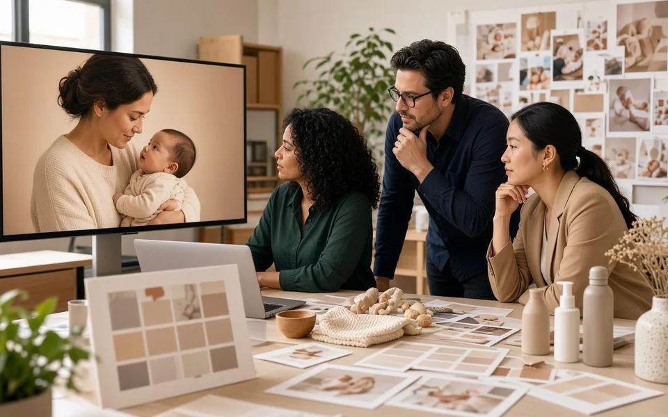 A brand team reviews a family campaign with mother and baby photos on screen and a mood board on the wall