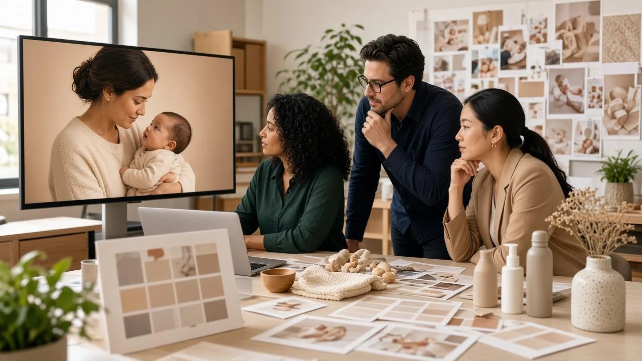 A brand team reviews a family campaign with mother and baby photos on screen and a mood board on the wall