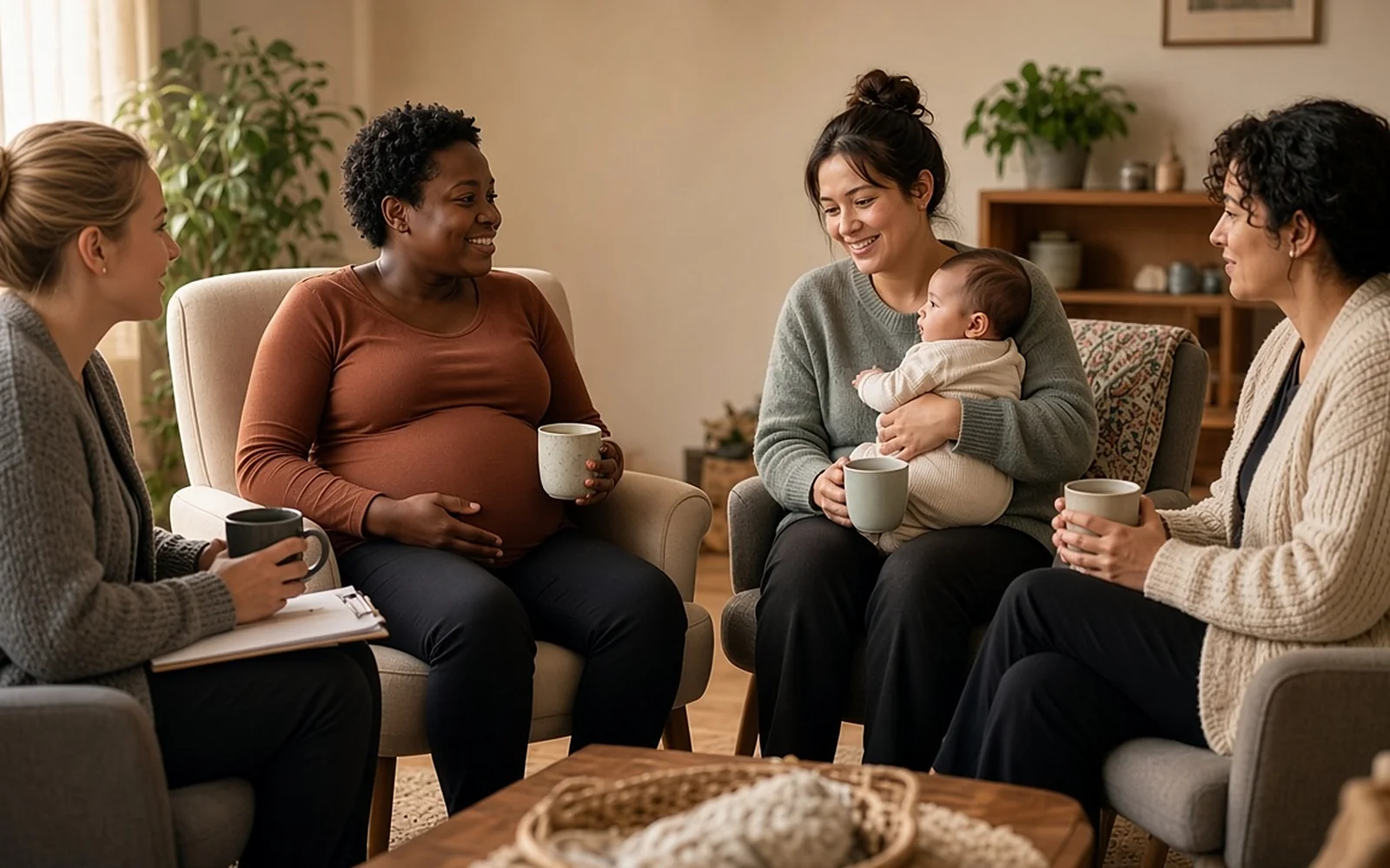 Four women, one pregnant and one holding her baby, chat over coffee in a cozy support circle