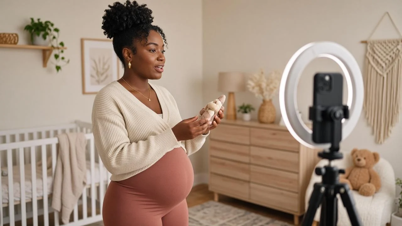 A pregnant creator holds up a baby product while filming on a phone with a ring light in a nursery