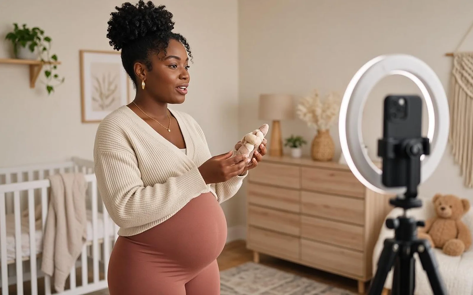 A pregnant creator holds up a baby product while filming on a phone with a ring light in a nursery