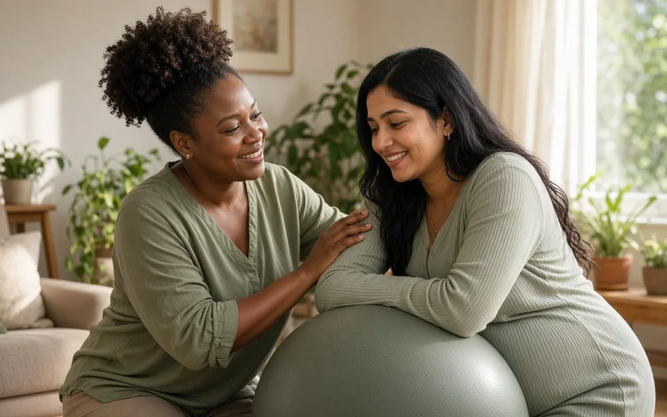 A smiling doula supports a pregnant mother as she leans on a birthing ball in a sunny living room