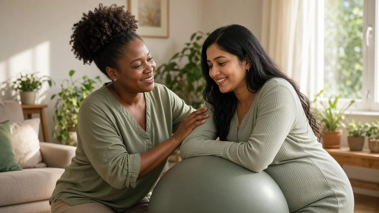 A smiling doula supports a pregnant mother as she leans on a birthing ball in a sunny living room
