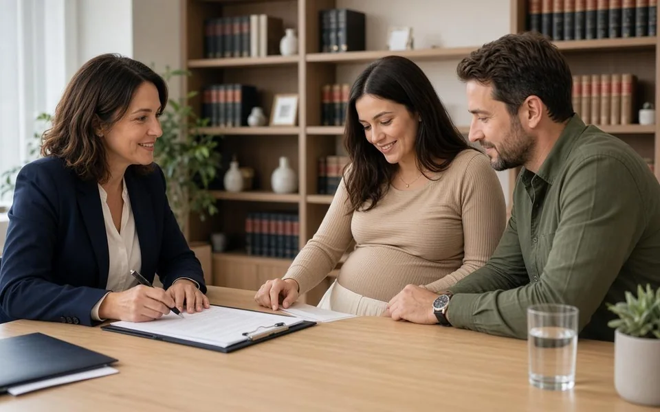 A family lawyer meets with an expecting couple at a table in a book-lined office