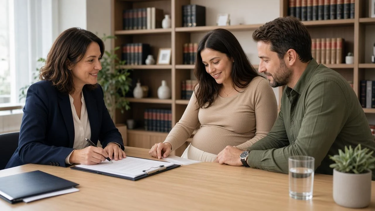 A family lawyer meets with an expecting couple at a table in a book-lined office