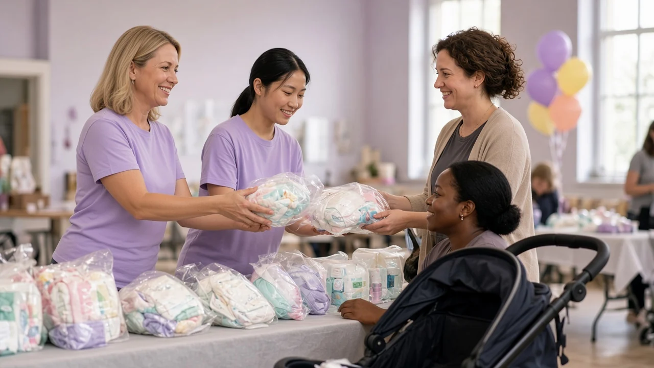 Volunteers hand diaper bundles to mothers at a community baby supply drive