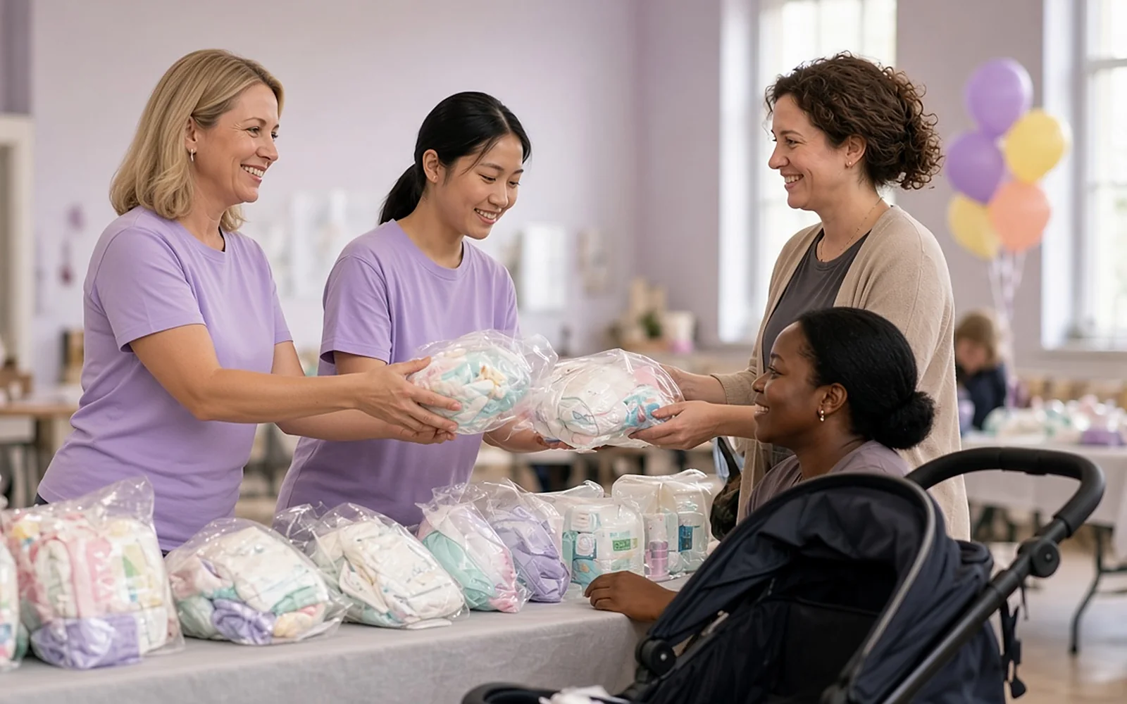 Volunteers hand diaper bundles to mothers at a community baby supply drive