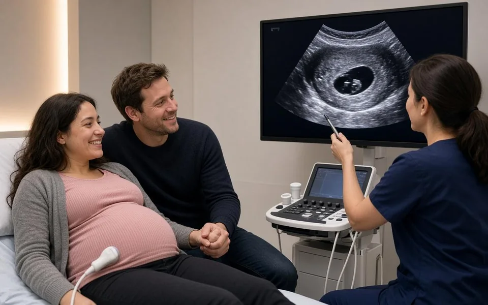 A smiling pregnant mother and her partner watch their baby on the ultrasound monitor as the sonographer points to the screen