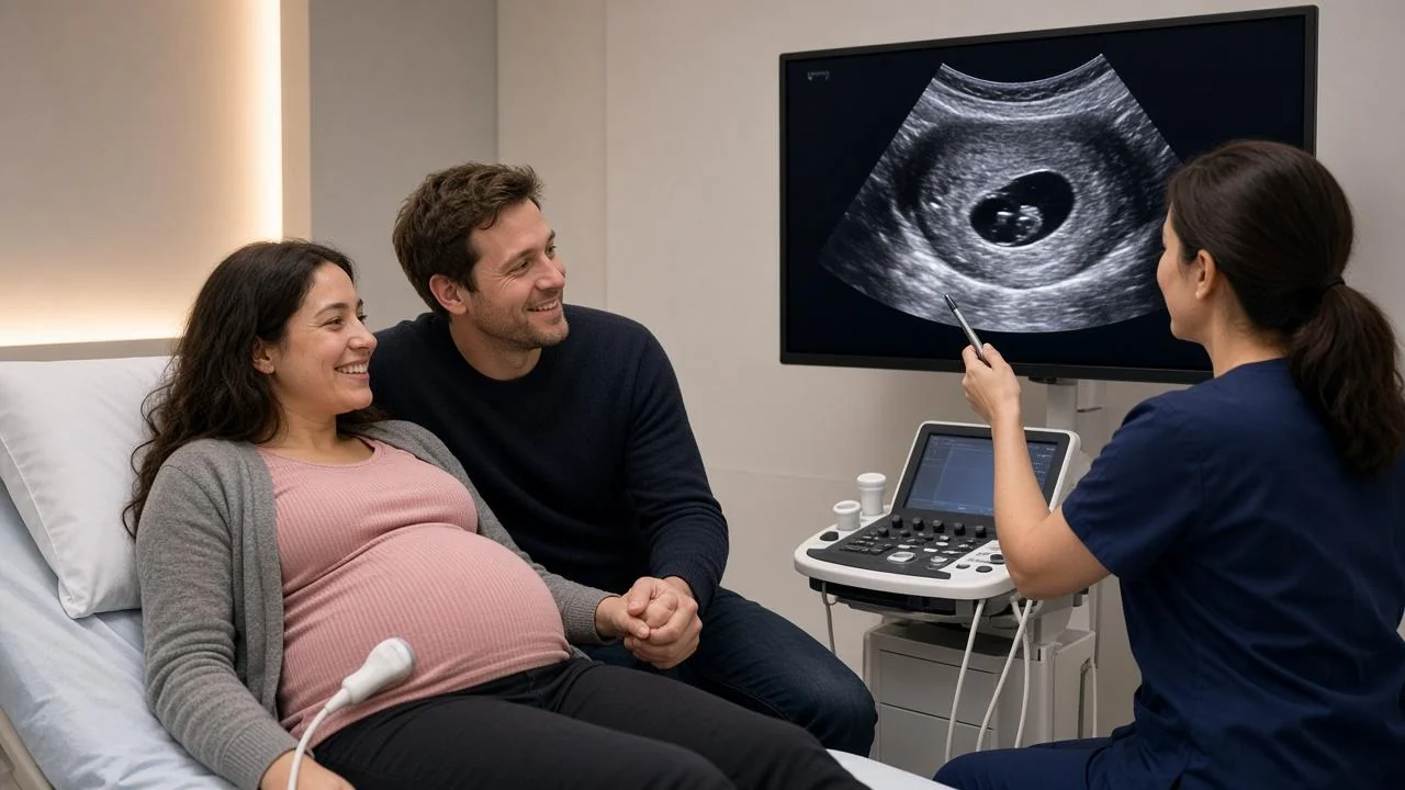 A smiling pregnant mother and her partner watch their baby on the ultrasound monitor as the sonographer points to the screen