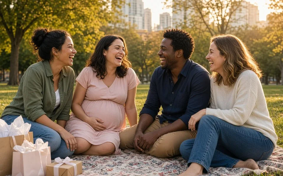 Friends laugh with a pregnant friend over gift bags on a picnic blanket in a sunny park