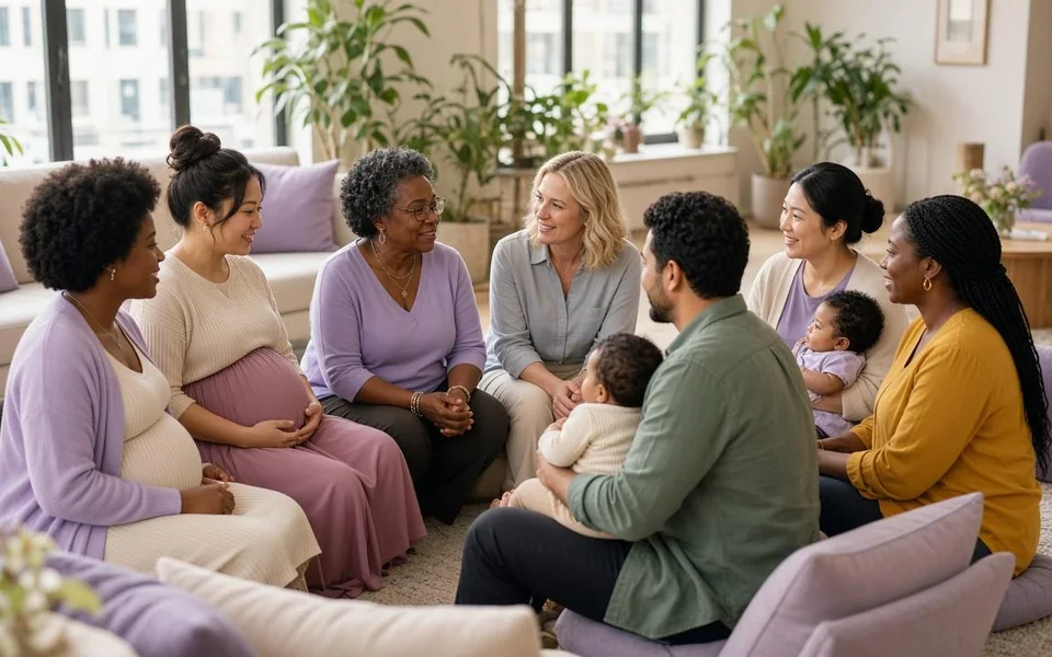 Expecting mothers, a dad with his baby, and friends of many backgrounds talk together in a bright community lounge